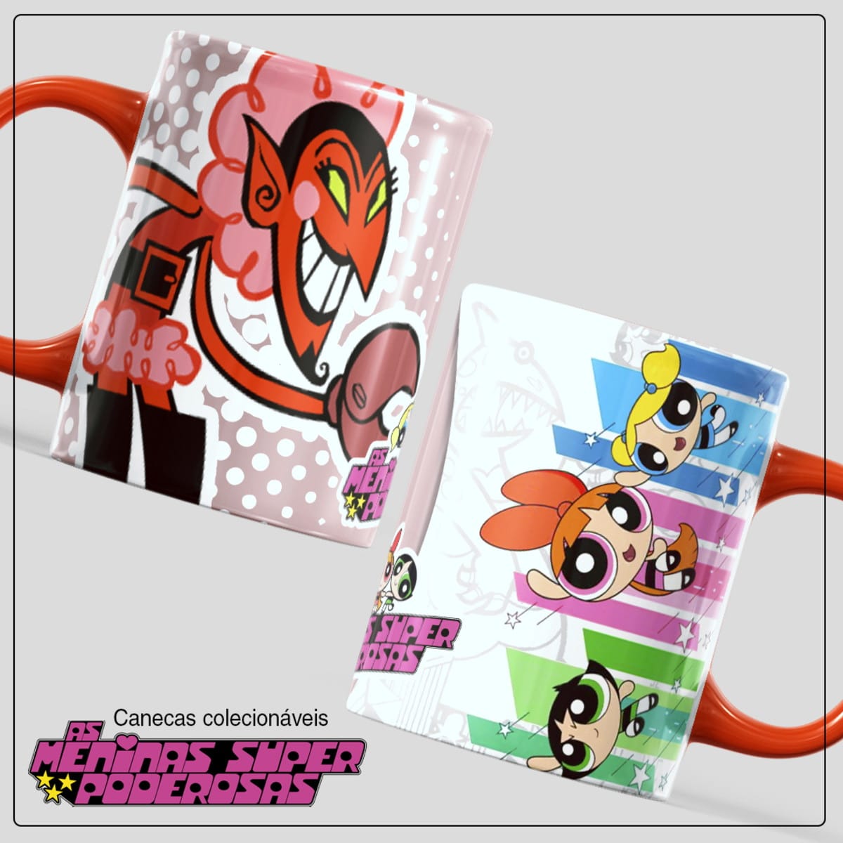 Arte Meninas Super Poderosas em PNG para Caneca 2 Duas canecas de cerâmica com estampas coloridas de personagens de desenho animado.