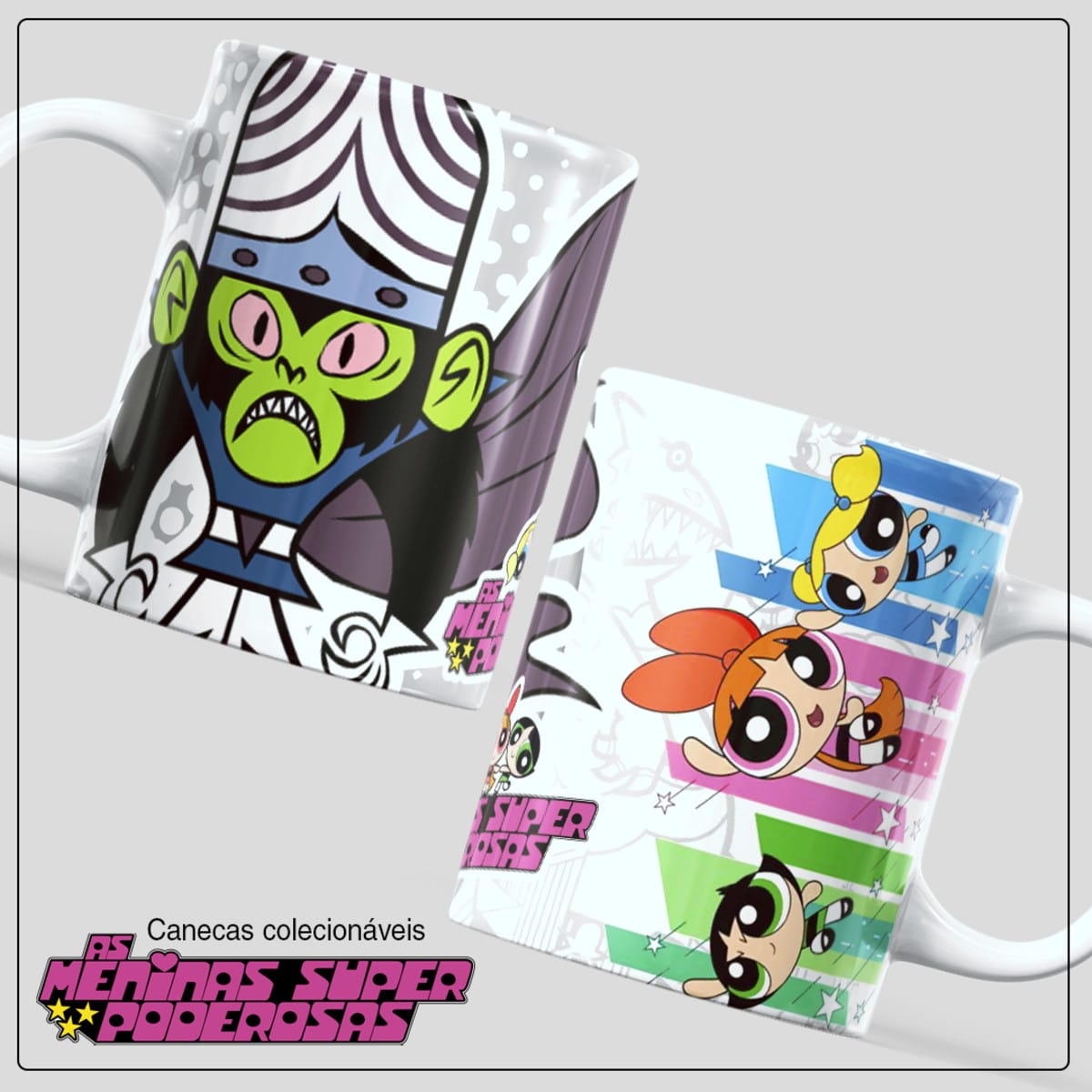 Arte Meninas Super Poderosas em PNG para Caneca 5 Duas canecas brancas estampadas com personagens de desenho animado colorido em fundo cinza.
