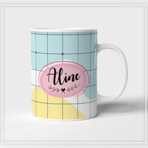 Arte digital de caneca com padrão de grade, formas abstratas e texto personalizado.