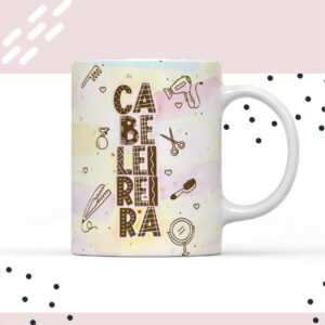 Arte digital para caneca com a palavra "CABELEREIRA" e ícones de salão de beleza.