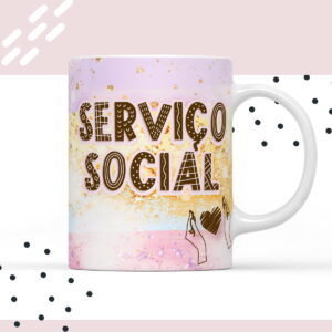 Arte para Caneca de Assistente Social para Sublimação 16 Arte digital para caneca com 'SERVIÇO SOCIAL' em letras decoradas e mãos segurando coração.