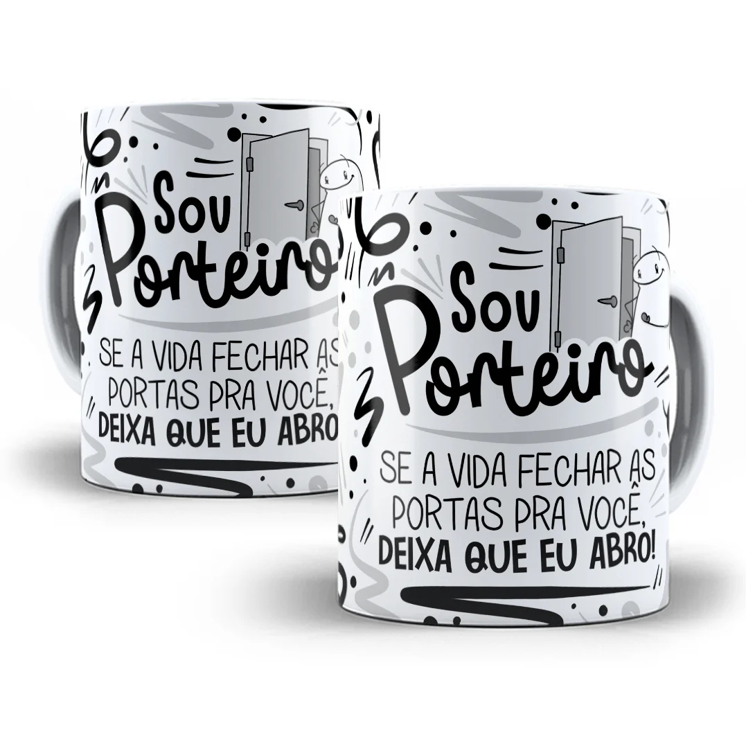 Arte Sublimação Caneca Porteiro Flork Profissões Png 1 Duas canecas brancas com ilustrações de portas e frases motivacionais em português.