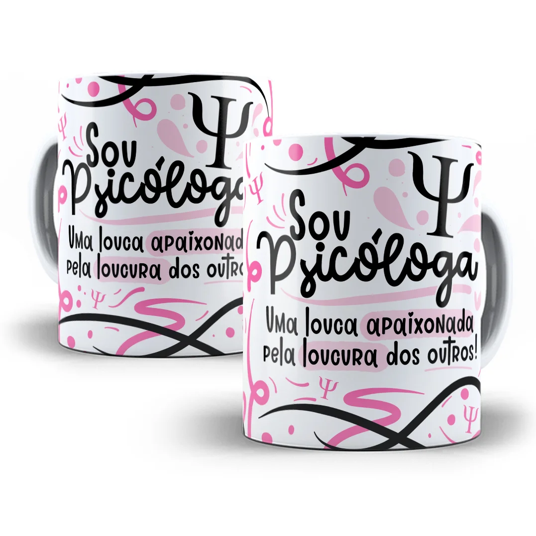 Duas canecas brancas com estampa em rosa e preto sobre psicologia.