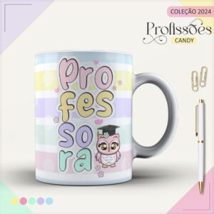 Caneca digital com design pastel "Professora" e coruja formanda, em fundo claro.