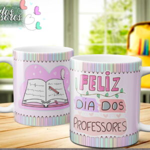 Duas canecas brancas com estampas coloridas para o Dia dos Professores.