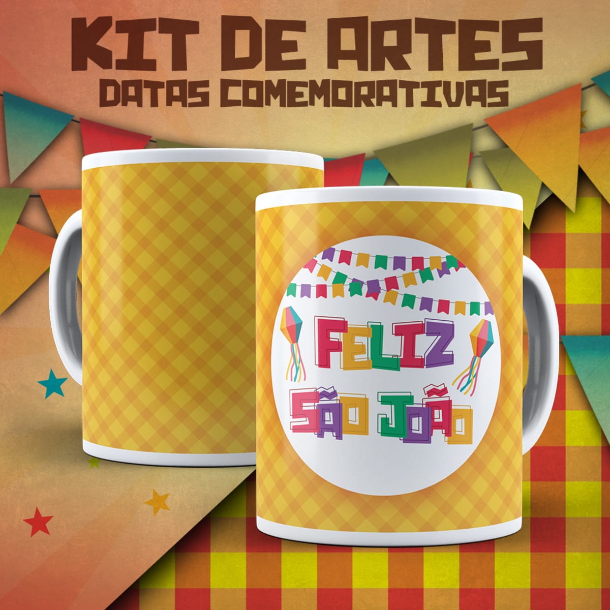 Artes em Aquarela para Caneca Festa Junina 2 Arte digital para canecas com tema de Festa Junina e 'Feliz São João'.