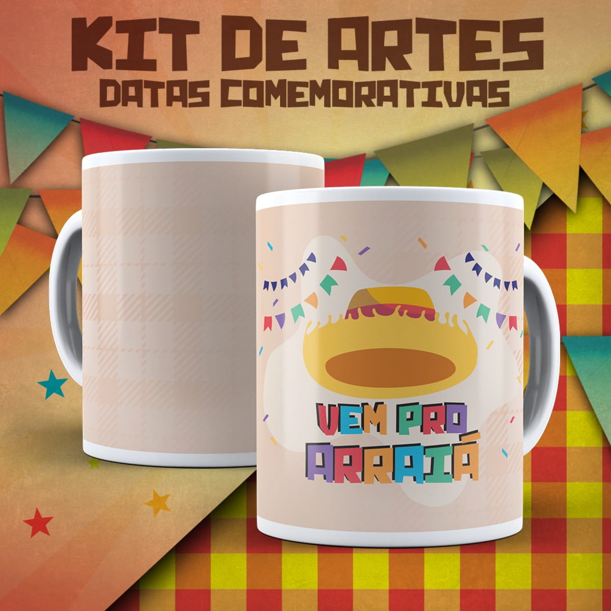 Artes em Aquarela para Caneca Festa Junina 3 Arte digital para Festa Junina com chapéu, bandeirinhas e padrão xadrez.