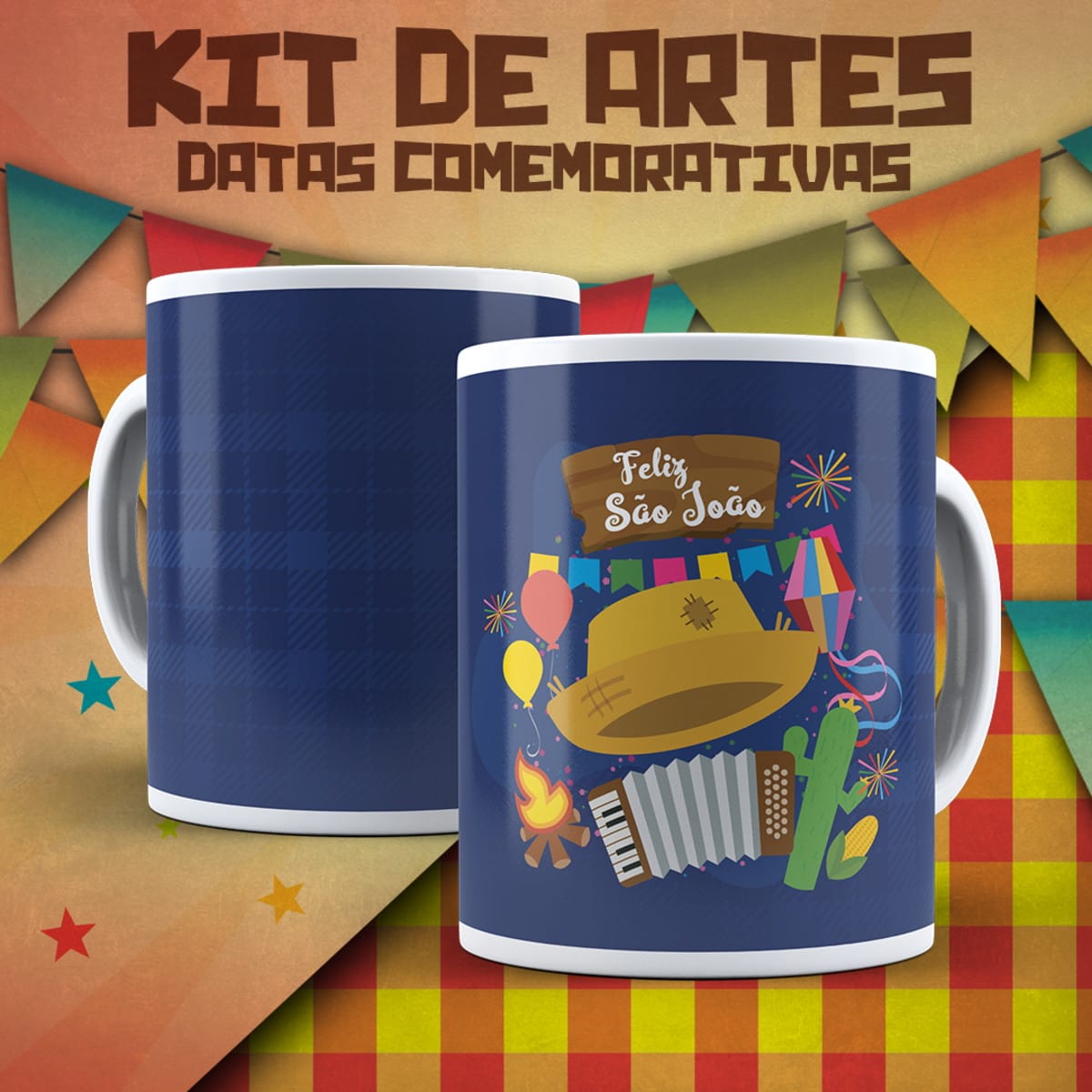Artes em Aquarela para Caneca Festa Junina 4 Arte digital de Festa Junina com chapéu, balões, fogueira e sanfona.