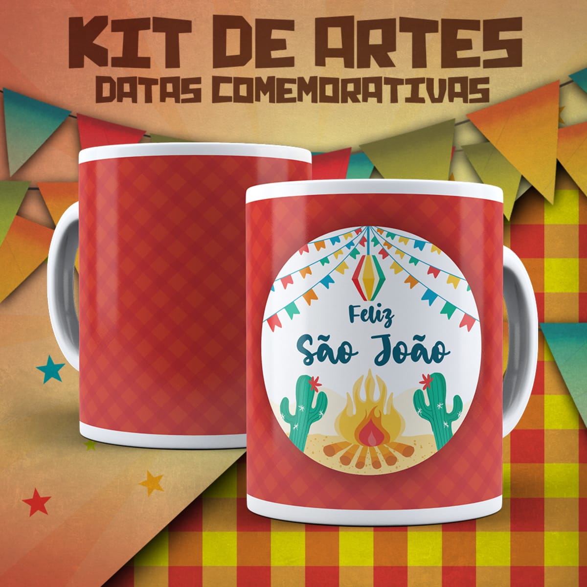 Artes em Aquarela para Caneca Festa Junina 5 Arte digital de São João com fogueira, cactos, balão e bandeirinhas coloridas.