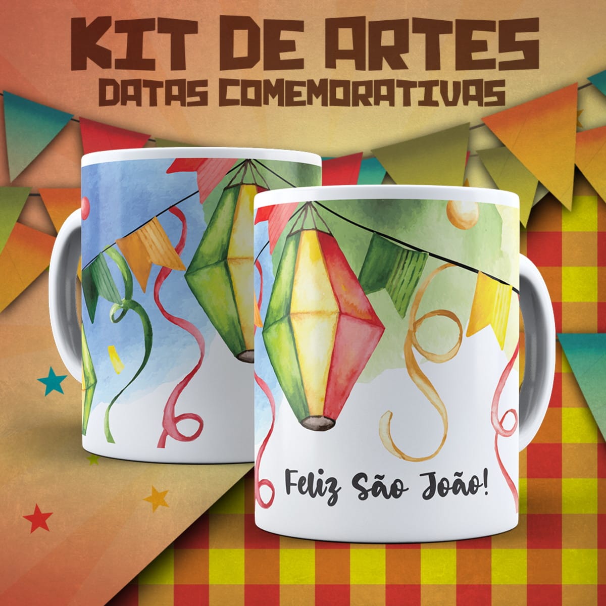 Artes em Aquarela para Caneca Festa Junina 1 Arte digital de festa junina com balões, bandeirinhas e a frase "Feliz São João!".