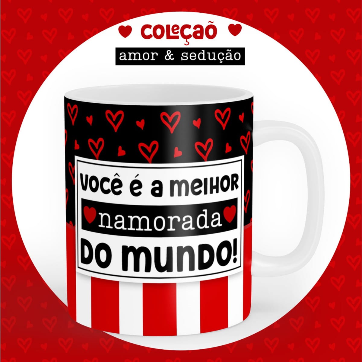 Kit digital artes canecas Dia dos Namorados para sublimar 4 Arte digital de caneca preta com corações e frase romântica para namorada.