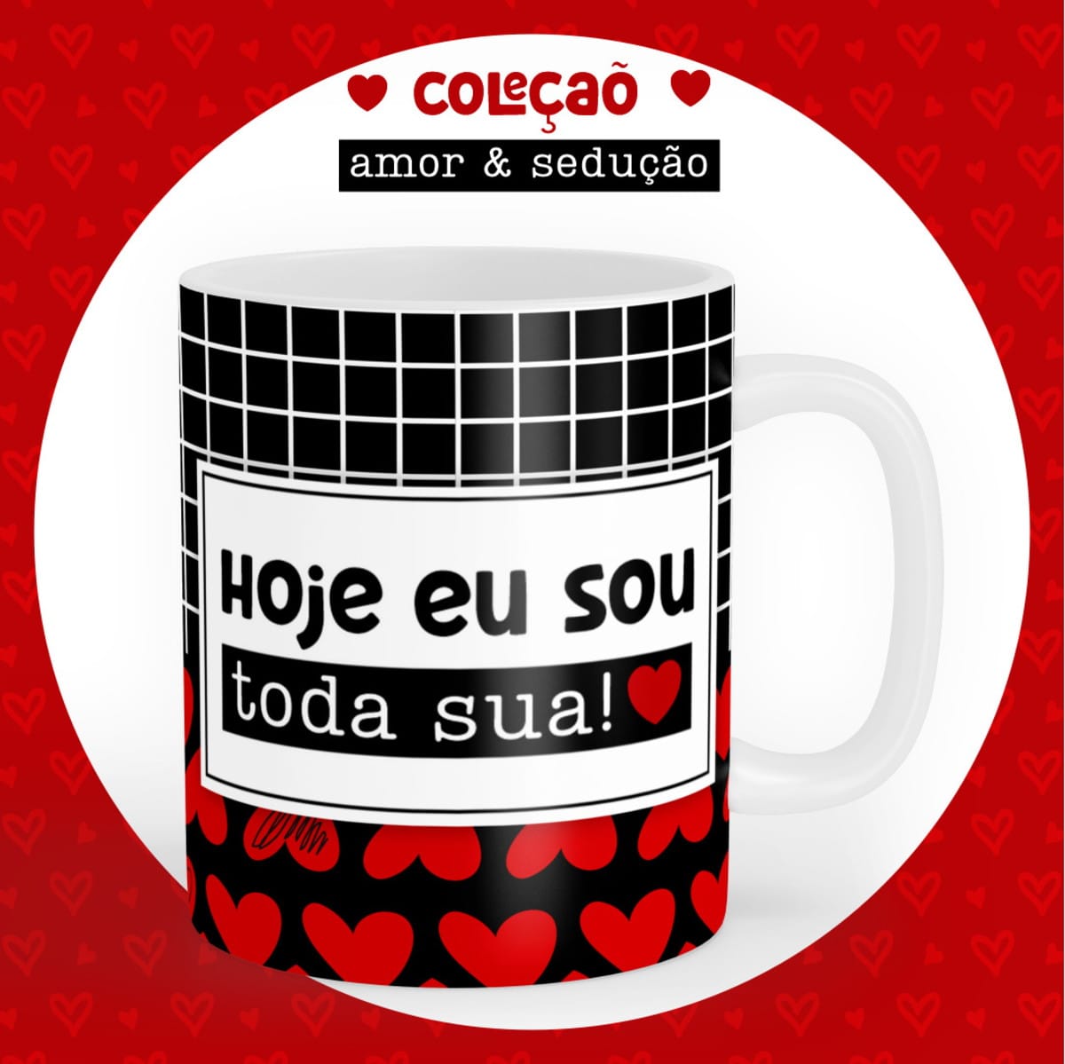 Kit digital artes canecas Dia dos Namorados para sublimar 1 Caneca branca com estampa quadriculada, corações e frase romântica. Coleção digital.