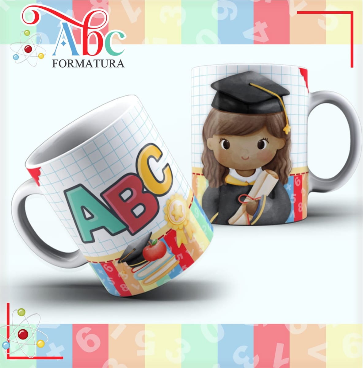 Artes Digitais Caneca ABC para Sublimação em PDF CDR e PNG 2 Duas canecas brancas com ilustrações temáticas de formatura infantil e letras coloridas.
