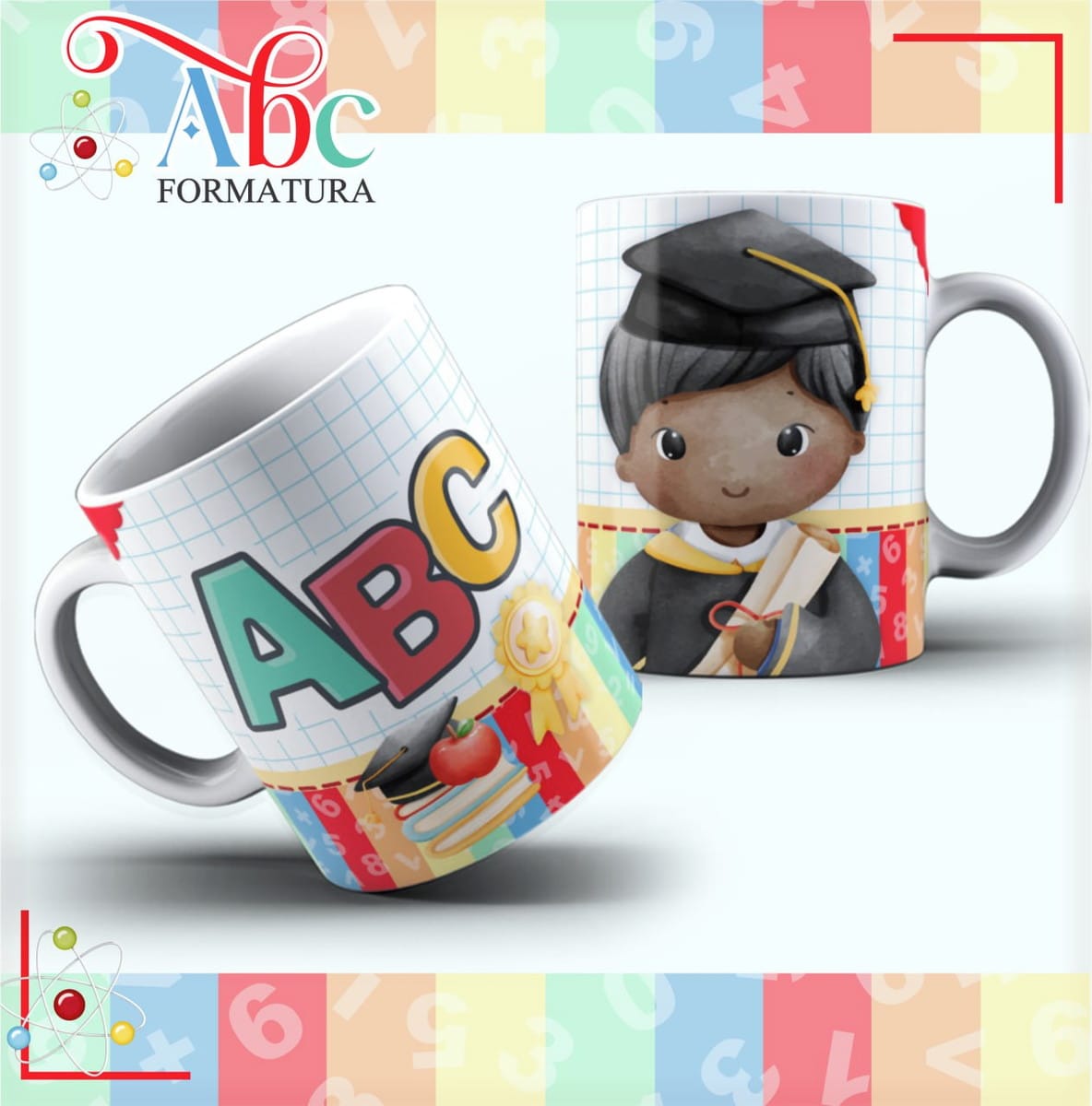 Artes Digitais Caneca ABC para Sublimação em PDF CDR e PNG 3 Duas canecas brancas com ilustrações coloridas de formatura infantil em fundo quadriculado.