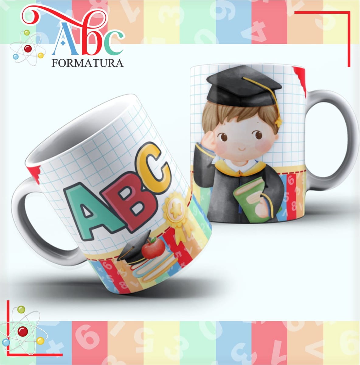 Artes Digitais Caneca ABC para Sublimação em PDF CDR e PNG 4 Duas canecas estampadas com temas escolares e infantil de formatura, fundo branco.