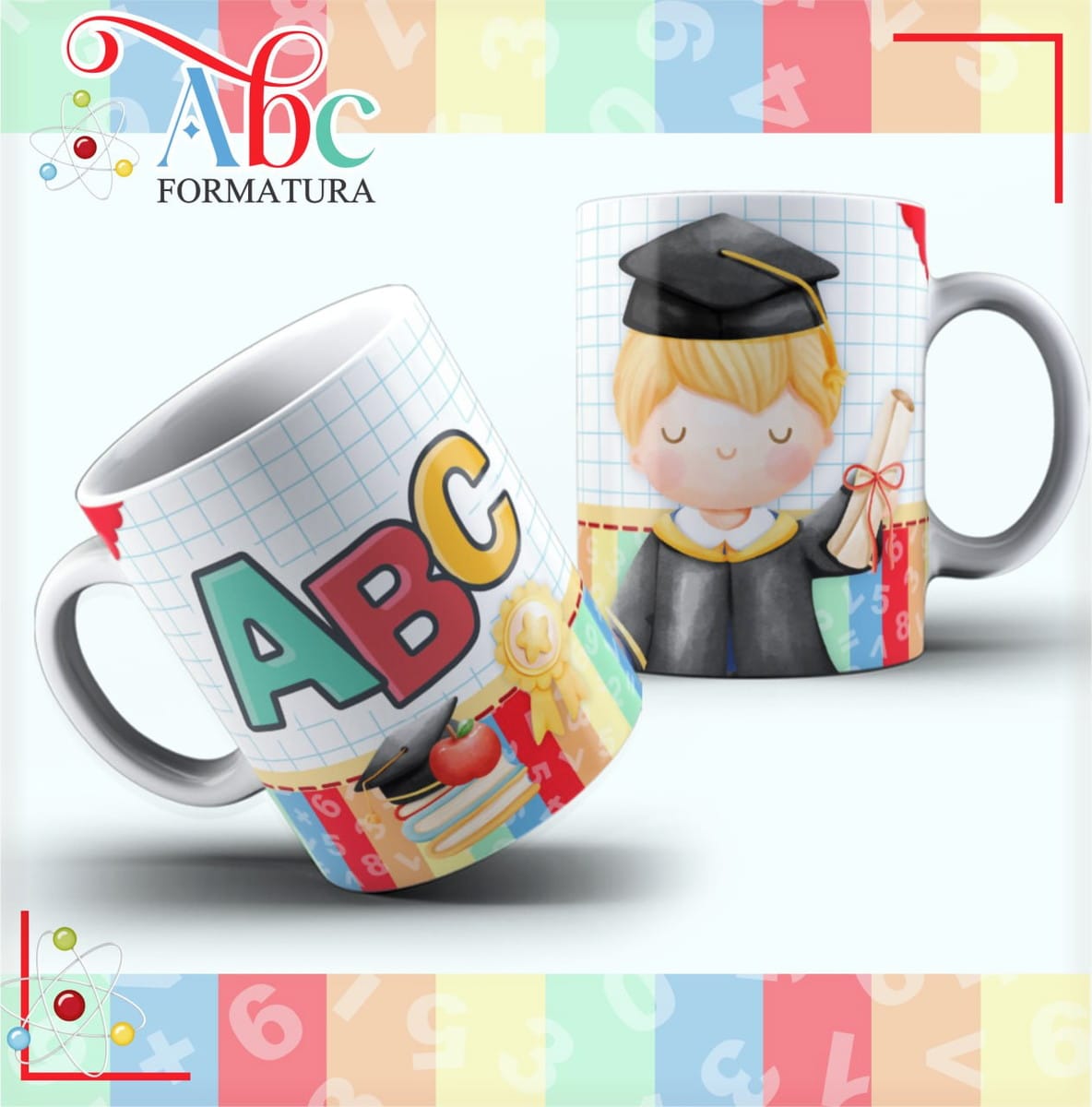 Artes Digitais Caneca ABC para Sublimação em PDF CDR e PNG 5 Duas canecas brancas com ilustrações coloridas de formatura infantil e letras ABC.