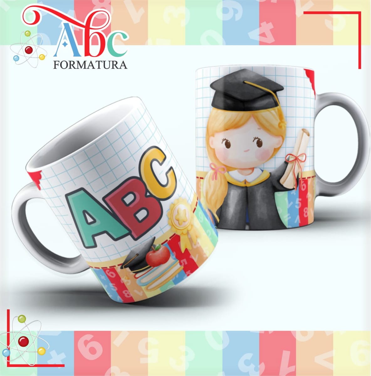 Artes Digitais Caneca ABC para Sublimação em PDF CDR e PNG 1 Duas canecas estampadas com ilustração de formatura infantil sobre fundo quadriculado colorido.