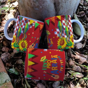 Canecas com arte digital de festa junina: balões, girassóis e "Vem pro Arraiá".