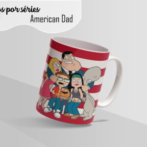 Arte digital de personagens de desenho animado em caneca com listras vermelhas.