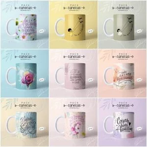 Artes Motivacionais Para Caneca Dia Das Mulheres Em Jpg 15 Coleção de nove canecas com estampas variadas exibidas em um fundo gráfico quadriculado.