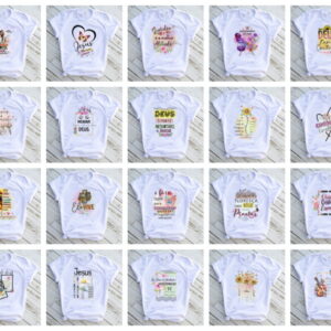 Vinte designs de arte digital para camisetas brancas com temas inspiradores e florais.