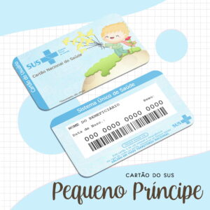 Arte digital de dois cartões SUS, frente e verso, com ilustração de personagem infantil.