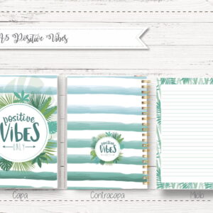 Kit Digital Bloco A5 Positive Vibes com Capa e Miolo 11 Arte digital de bloco A5 com capa, contracapa e miolo decorados com tema tropical.