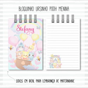 Arte digital de bloquinho infantil com personagens de desenho, balões e arco-íris.