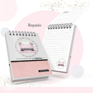 Arte digital de dois bloquinhos espirais com design de máquina de escrever rosa e páginas pautadas.