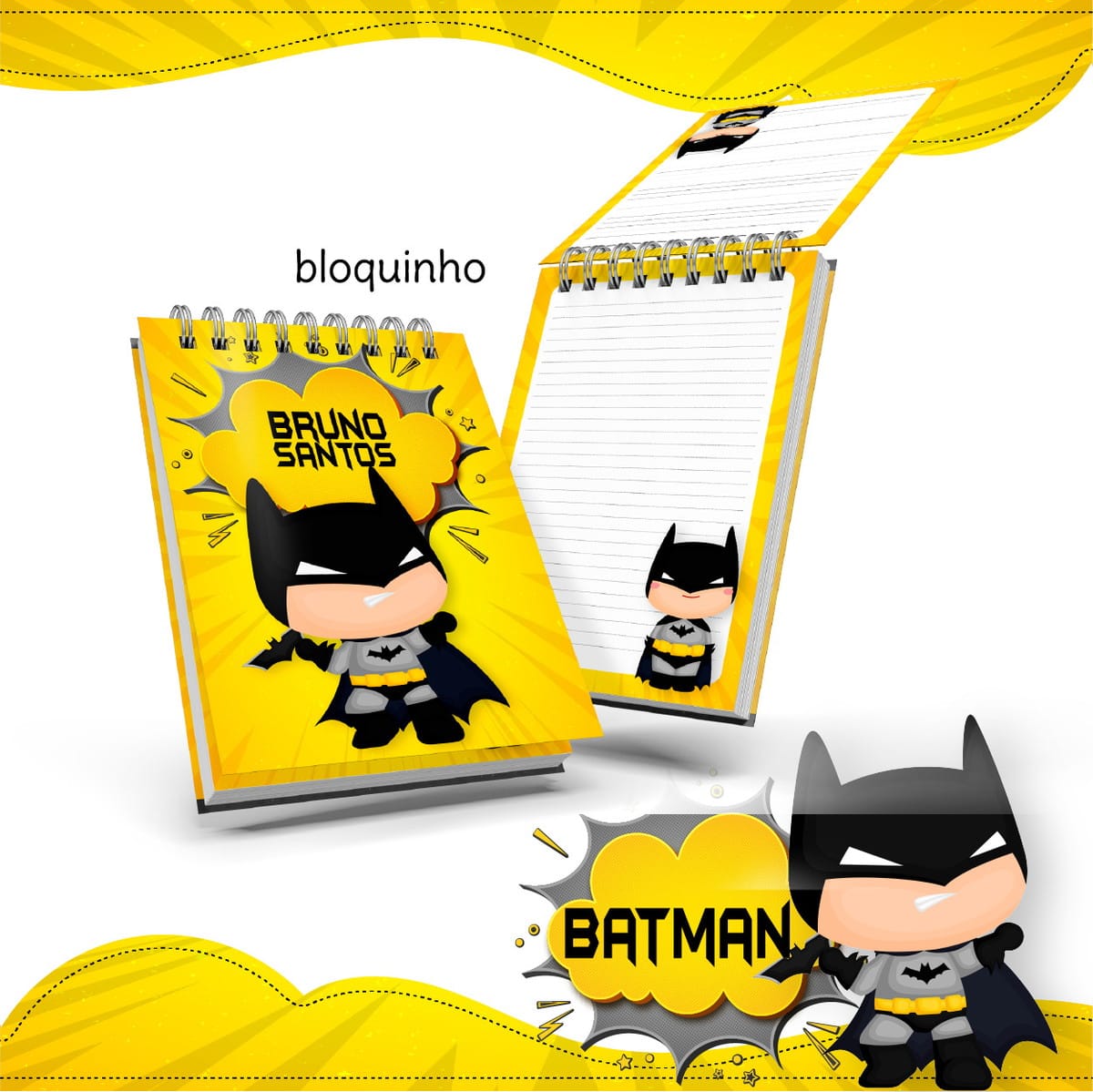 Kit Digital Bloquinho Batman Cute para Imprimir 1 Arte digital de bloco de notas amarelo com personagem de capa preta e orelhas pontudas.