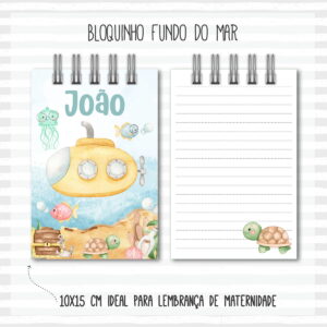 Arte digital de bloquinho com tema fundo do mar, submarino e criaturas marinhas.