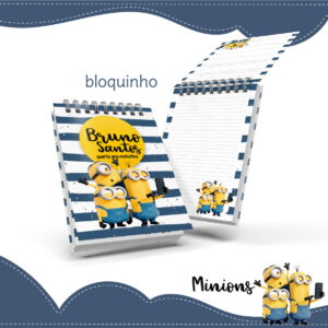Arte digital de bloquinho personalizado com tema de personagens amarelos e listras azuis.