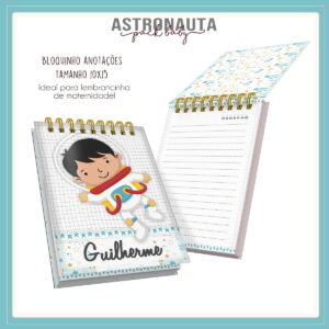Arte digital de bloquinhos de anotações com tema espacial e desenho de menino astronauta.
