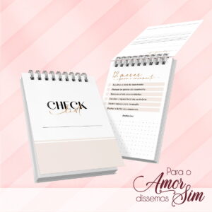 Arte digital de dois planners de casamento abertos com checklists e anotações.