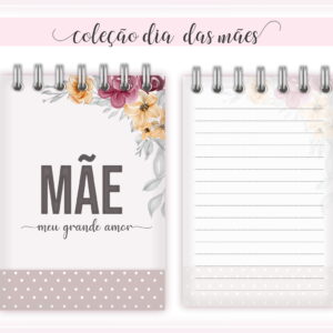 Duas páginas digitais de caderno com flores, texto "MÃE" e linhas para anotações. Coleção Dia das Mães.