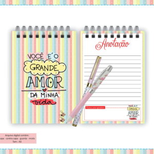 Arte digital: arquivo para caderno A6 com design de capa listrada e frase.