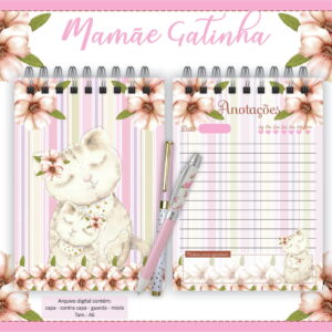Kit digital bloquinho mamãe gatinha para imprimir 21 Arte digital de caderno A6 com capa de gatinhos e flores.