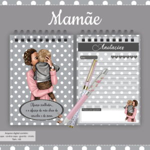 Design de caderno digital, capa e página interna com ilustração de mãe e filho.