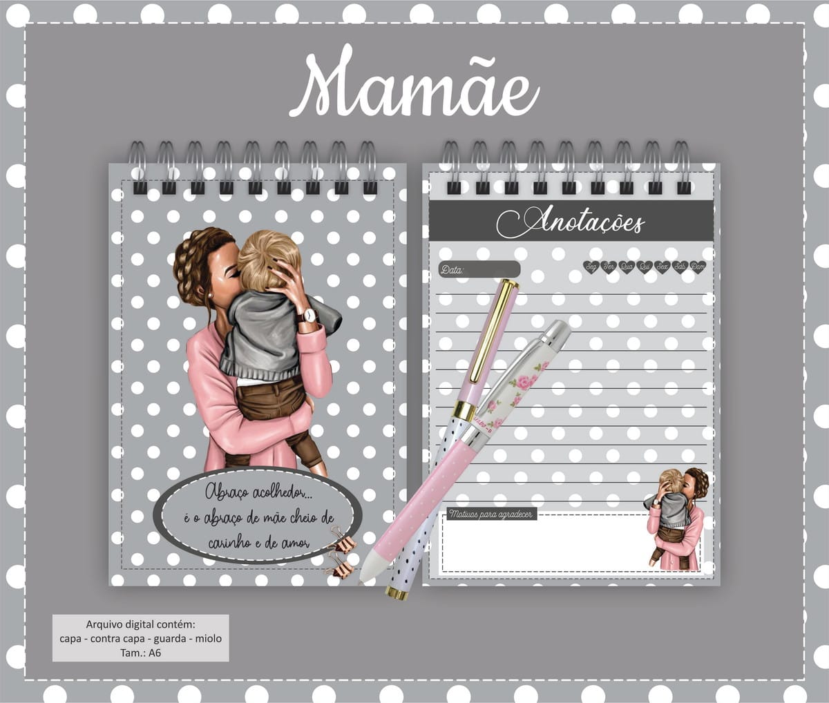 Kit Digital Bloquinho Mamãe para o Dia das Mães 1 Design de caderno digital, capa e página interna com ilustração de mãe e filho.