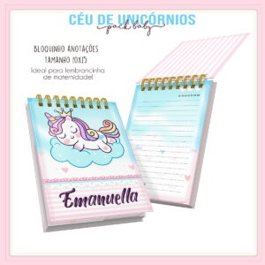 Bloquinho Unicórnio Arquivo Digital em Aquarela para Festa 5 Dois bloquinhos de anotações digitais com tema de unicórnio e personalização.