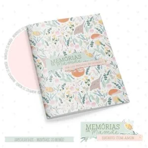 Capa de livro com estampa ilustrada de animais e flores em tons suaves.