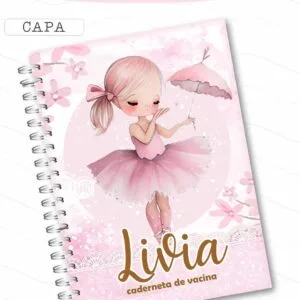 Capa de caderno em tons de rosa com desenho de bailarina segurando sombrinha