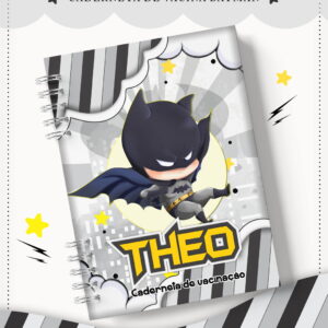 Caderneta de vacinação digital com capa de super-herói infantil e nome personalizado.