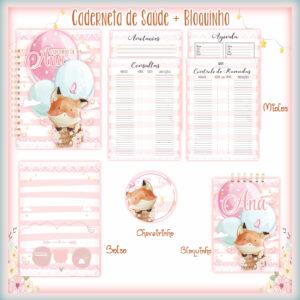 Arte digital rosa com raposa e balões para caderno e bloquinho