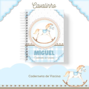 Arte digital de caderneta de vacina azul com cavalinho de balanço.