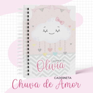 Caderneta espiral com capa rosa, nuvem fofa, corações e texto decorativo.