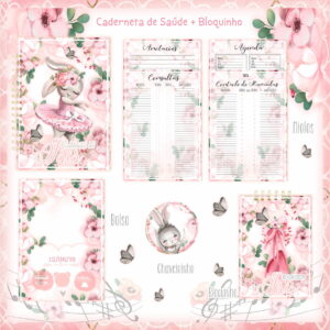 Arte digital de caderneta e bloquinho com tema de coelha bailarina e flores rosadas.