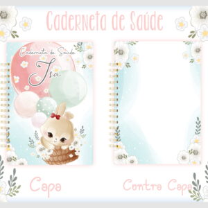 Arte digital de capa e contracapa para caderneta de saúde infantil com coelho.