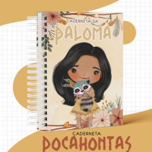 Arte digital de caderneta com personagem feminina e guaxinim, estilo indígena, flores e penas.