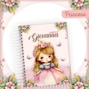 Caderneta de Saúde Princesa Vintage - Arquivo Digital 3 Caderno espiral com capa personalizada com ilustração de menina princesa e flores.
